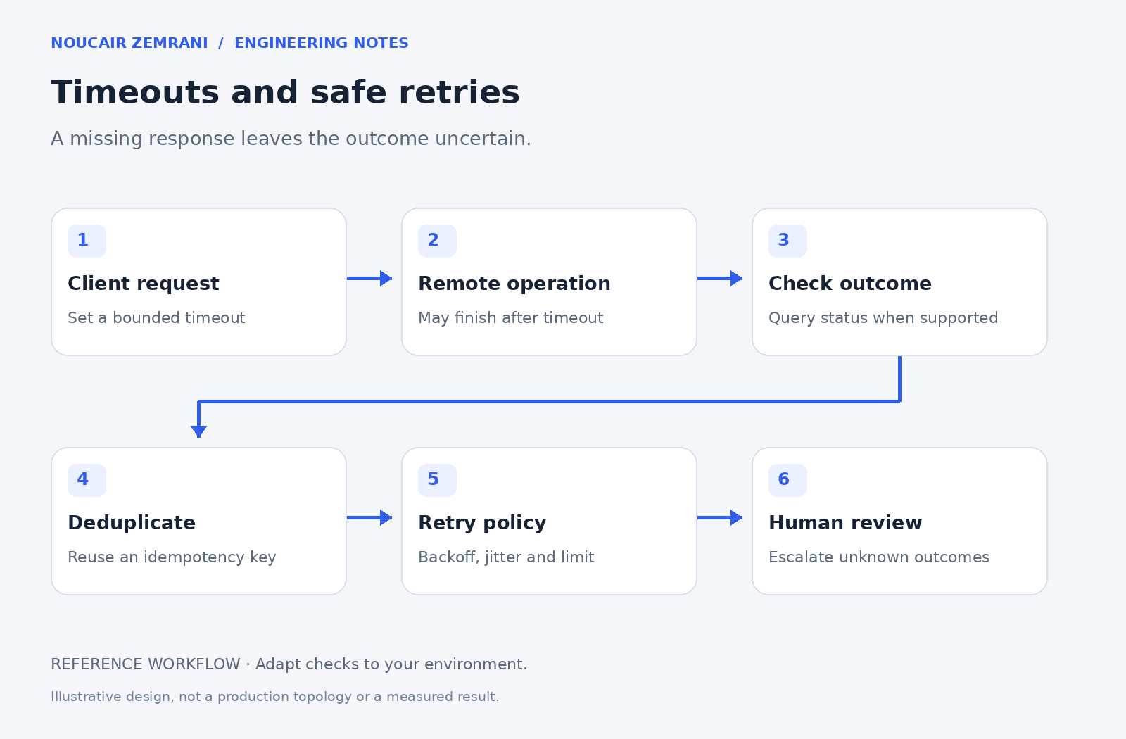 Timeouts and safe retries — request, remote operation, outcome check, deduplication, retry policy and human review.